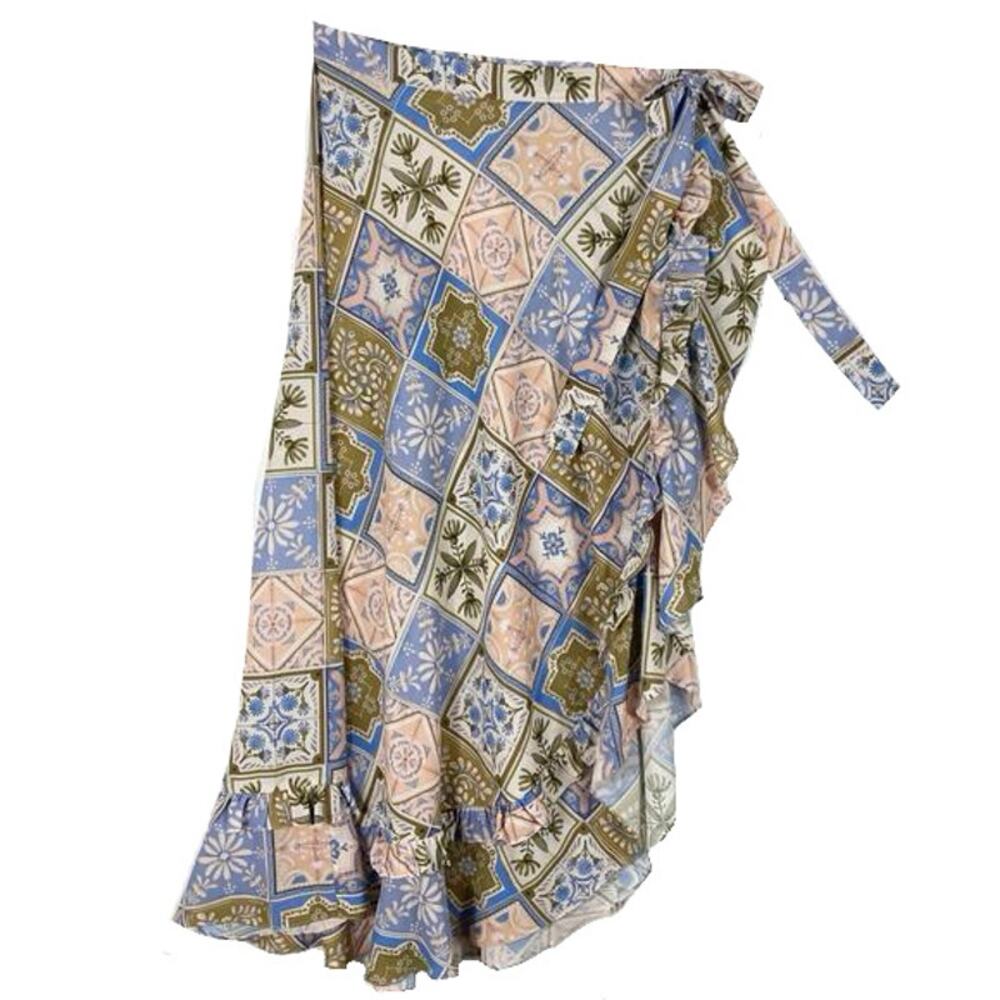 nwot ENCANTADORE Skirt S Floral Wrap Ruffle Curve-Hem Tie-Bow Midi Multicolor